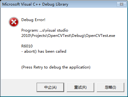 Debug Error Program Opencvt Exe R6010 Abort Has Been Called Press Retry T Csdn社区